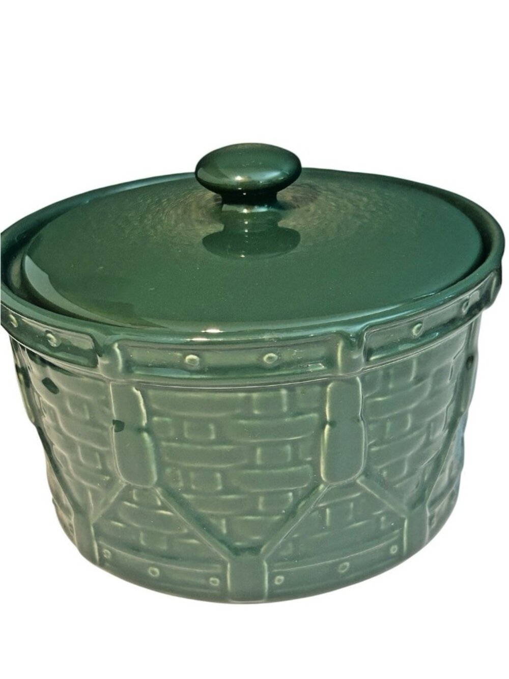 2003 Longaberger Pottery WOVEN DRUM Ivy Green Storage Crock & Lid 7"x5"